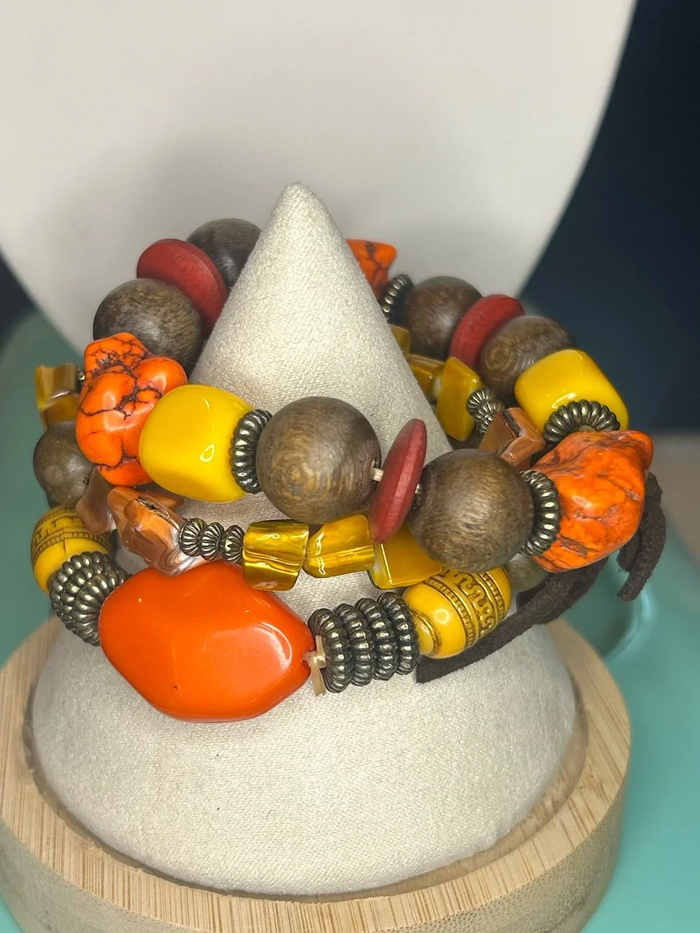 Boho Earth Tone Eclectic Mixed Bead 3-Piece Bracelet Set Orange Brown Yellow